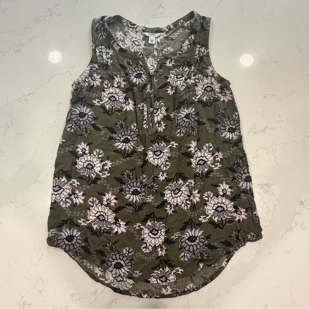 Sonoma Olive Green Floral Sleeveless Buttoned Tank Top - Size XS